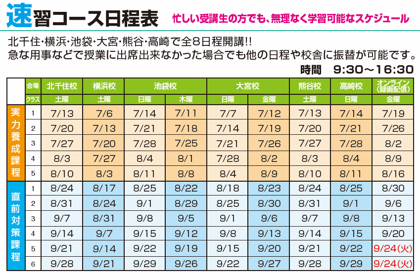 速習コース日程表